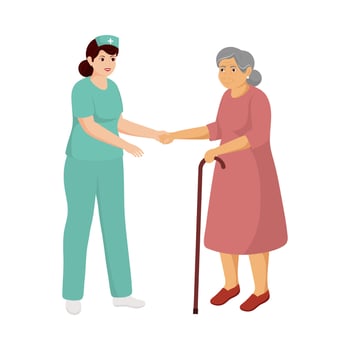 Nurse Assisting Old Woman On A Walker Against White Background. vector