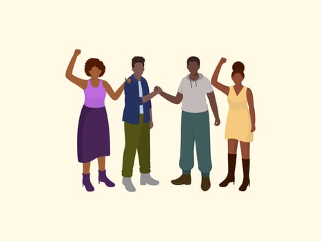 Black Community, African People Gathered Together On Yellow Background. vector