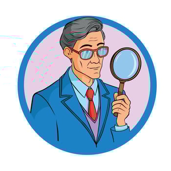 Handsome young man holding magnifying glass in hand. Search, find, discovery, analyze, inspect, investigation concept illustration in cartoon. vector