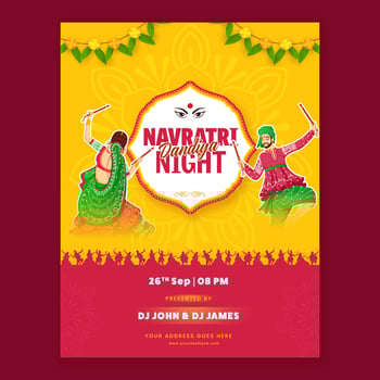 Navratri Dandiya Nights Party Invitation Card With Indian Couple Playing Dandiya In Sticker Style And Event Details. vector