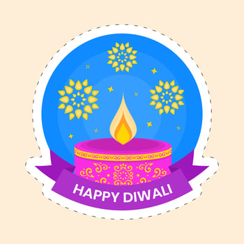 Burning Candle Against Mandala Blue Background For Happy Diwali Sticker. vector