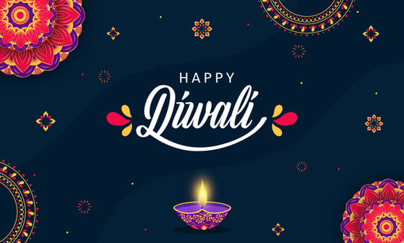 Happy Diwali Font With Illuminated Oil Lamp And Mandala Pattern On Blue Background. vector