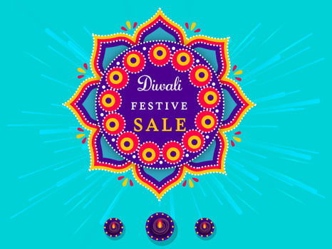 Diwali Festival Sale Poster Design With Mandala Frame And Burning Oil Lamps on Blue Background. vector