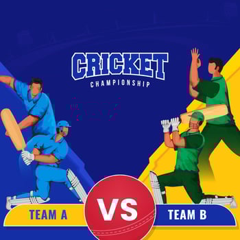 Cricket Match Between Team A VS B Of Cricketer Players On Yellow And Blue Background For Championship Concept. vector