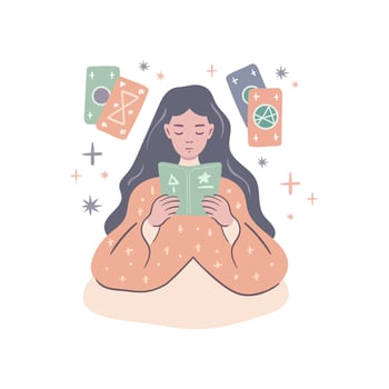 Young girl is reading book about magic and tarot cards. The concept of divination, numerology and predictions. Modern flat design on white background vector