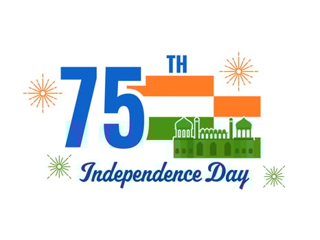 75th Indian Independence Day Concept With Indian National Flag, Red Fort and Fireworks on White Background. vector