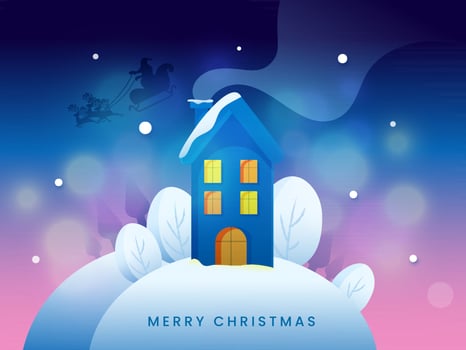 Merry Christmas Concept With Snowy Chimney House, Silhouette Santa Claus Riding Reindeer Sleigh On Gradient Blue And Pink Bokeh Background. vector