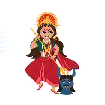 Hindu Mythology Goddess Durga Killing Mahishasura Demon On White Background. vector