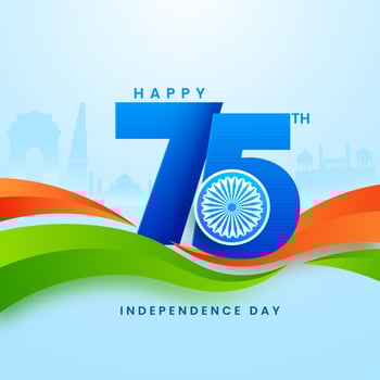 75 Years of Indian Independence Day Celebration Concept with Ashoka Wheel and Saffron and Green Waves on Famous Monuments Background. vector