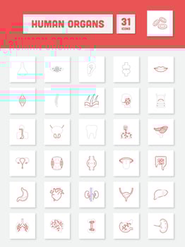 Grey And Red Linear Style Human Organ Square Icon Set. vector