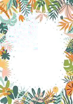Jungle frame. Tropical leaves, palm leaves, frame nature background. Bright rainforest card. Cute jungle birthday invitation. Safari frame. Vector illustration. Summer foliage of tropical plant, tree.