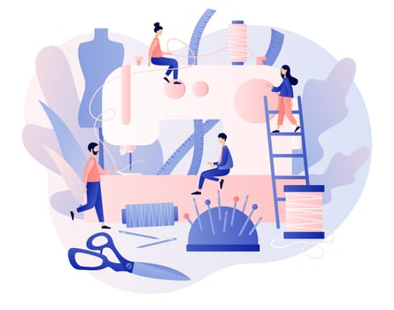 Sewing studio concept. Tiny people tailors create outfit and apparel in workshop or atelier use big sewing machine, mannequin, tools and materials. Modern flat cartoon style. Vector illustration