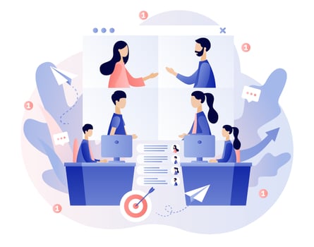 Online conference concept. Tiny people speak in video conference. Online meeting. Social distancing and self-isolation during coronavirus quarantine. Modern flat cartoon style. Vector illustration