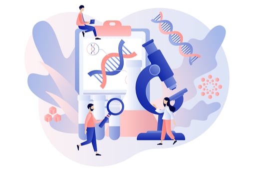Biotechnology concept. Science, laboratory research, genetic testing, chemical, GMO, bioengineering and organism. Tiny people study dna use microscope. Modern flat cartoon style. Vector illustration