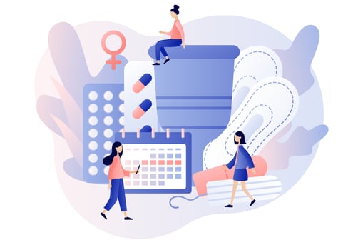 Menstruation period concept. Menstrual protection and feminine hygiene. Tiny women with monthly calendar, menstrual cup, tampon and tablets. Modern flat cartoon style. Vector illustration