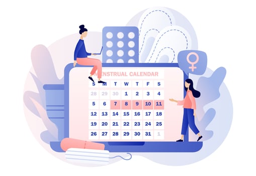 Menstruation period. Tiny girls with monthly calendar on laptop screen, menstrual cup, tampon and tablets. Menstrual protection and feminine hygiene. Modern flat cartoon style. Vector illustration