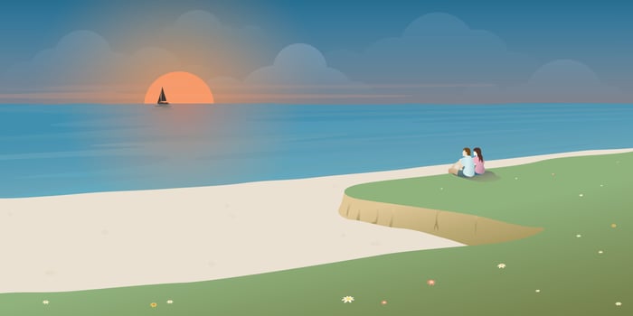 Sunset at tropical blue sea with couple of lover at white sand beach vector illustration. Landscape of coast beautiful sea shore beach at sunset flat design.