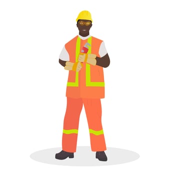 A worker in an orange work uniform is holding a wrench. Flat cartoon illustration vector