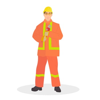 A worker in an orange work uniform is holding a wrench. Flat cartoon illustration vector