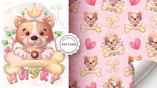Seamless pattern cartoon character adorable dog, pretty animal idea for print t-shirt, poster and kids envelope, postcard. Cute hand drawn style puppy vector
