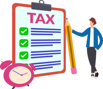 man filling tax papers. illustration of cartoon man filling tax form on time. man standing in front of large form paper png