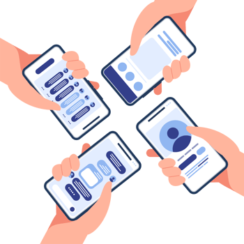 Hand holding mobile phone with Social media app. like, follower, comment. png