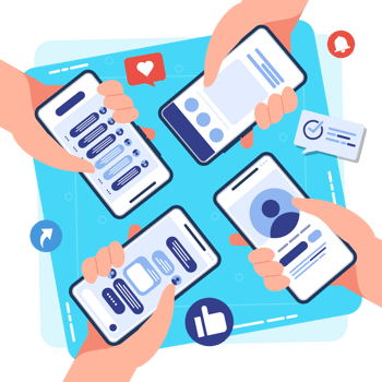 Hand holding mobile phone with Social media app. like, follower, comment. png