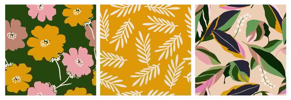 Set of hand drawn flowers, seamless patterns with floral for fabric, textiles, clothing, wrapping paper, cover, banner, interior decor, abstract backgrounds. vector