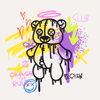 Urban typography slogan Change the Rules and bear doll with spray effect. Groovy Street art graffiti print with hearts for t shirt or sweatshirt. Abstract graphic underground unisex design. vector