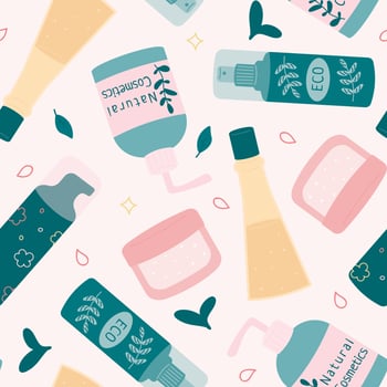 Seamless pattern of vials, glass jars, tubes. Collection of herbal cosmetics. Natural face care products. Vector illustration in a flat style.