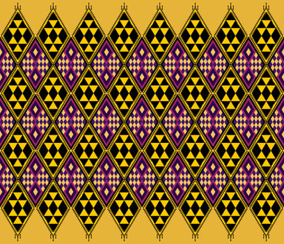 Ethnic folk geometric seamless pattern in yellow and purple in vector illustration design for fabric, mat, carpet, scarf, wrapping paper, tile and more