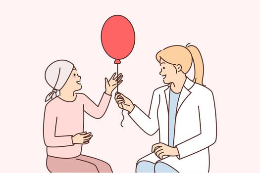 Woman doctor and little girl suffering from cancer with balloon are in oncology clinic after chemotherapy. Nurse supports child suffering cancer and rehabilitating due to radiation received vector