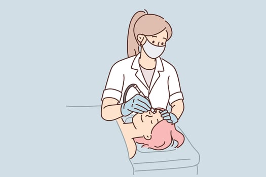 Woman cosmetologist performs microdermabrasion procedure or mechanical peeling and diamond face polishing. Girl visits beautician to get rid of wrinkles or clear skin of acne and pimples vector