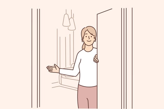 Girl realtor participates in showing apartment and calls to rent property or take mortgage. Hospitable woman opens door to apartment, invites guests to enter room and inspect interior vector