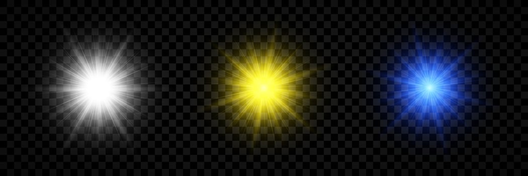 Light effect of lens flares. Set of three white, yellow and blue glowing lights starburst effects with sparkles vector