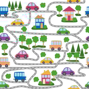 Cars, buses, trains, houses and roads, city seamless childish pattern vector