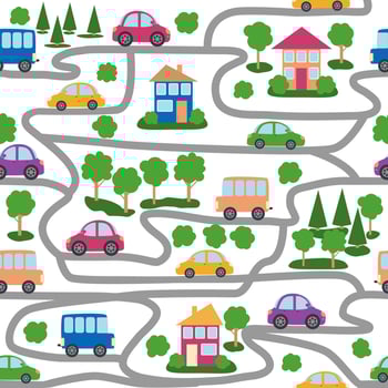 Cars, buses, trains, houses and roads, city seamless childish pattern vector