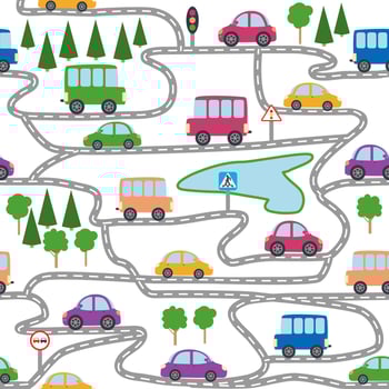Cars, buses, trains, houses and roads, city seamless childish pattern vector