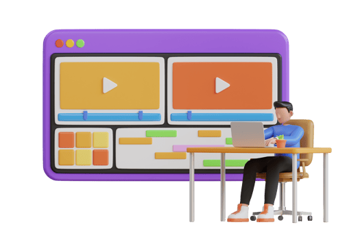 Video production, editing, montage 3d concept illustration. 3d male character working as video editor. cartoon style minimal video clip editing timeline window. 3d illustration png