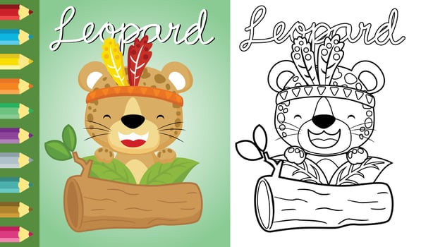 Happy leopard cartoon with feather headdress on tree trunk . Coloring book or page vector