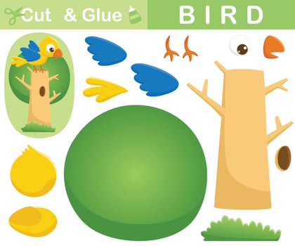 Bird perch on tree. Education paper game for children. Cutout and gluing. Vector cartoon illustration
