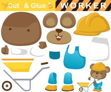 Cute bear in worker uniform with wheelbarrow. Education paper game for children. Cutout and gluing. Vector cartoon illustration