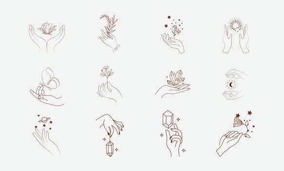 A set of Woman's hand icon collections in a minimal linear style. Vector logo design Templates with different hand gestures, Crystal. For cosmetics, beauty, tattoo, Spa, feminine, jewelry store.