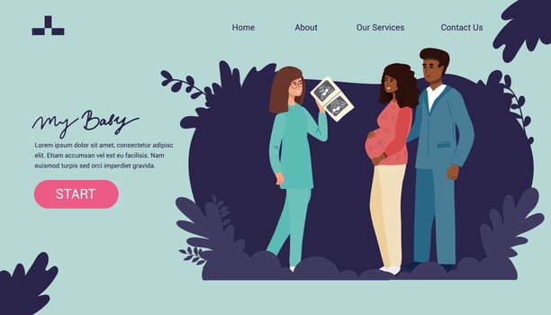 Pregnancy healthcare and support concept. Set of pregnant woman feeling pain in back looking at ultrasound from doctor crying after losing baby feeling happy knowing of pregnancy vector illustration.