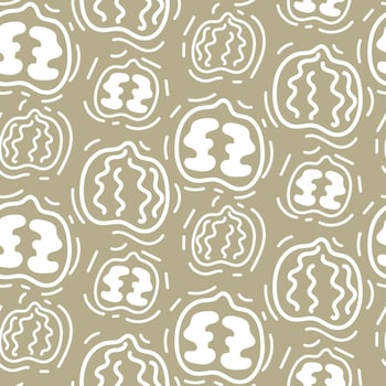 A pattern with contour sketches of walnut. The symbol is a doodle of nuts on a brown background in a section and whole Printing on textiles and paper background for vegetable milk Packing with walnuts vector