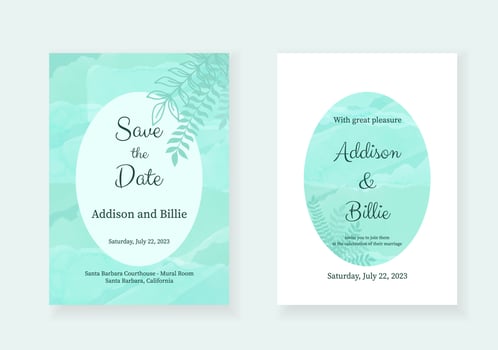 Watercolor wedding invitation card template with hand drawn stems with leaves. Hand drawn stems with leaves ornament on turquoise watercolor background. vector
