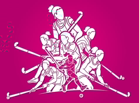 Group of Field Hockey Sport Team Mix Action Female Players Graffiti vector