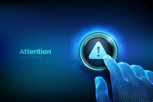 Attention button. Hazard attention sign with exclamation mark symbol. Alert alarm icon. Danger Symbol. Closeup finger about to press a button with triangle warning sign. Vector Illustration.