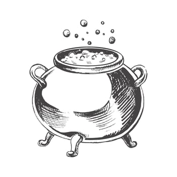 Halloween cauldron  isolated  on white background. Hand drawn vector sketch doodle graphic illustration. Halloween party, holiday, cloth, print, icon, logo, paper, decor.