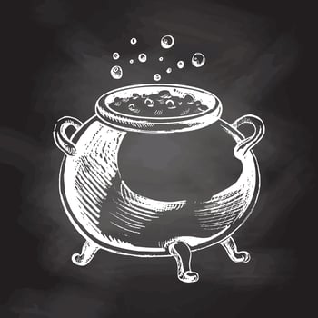 Halloween cauldron  isolated  on chalkboard  background. Hand drawn vector sketch doodle graphic illustration. Halloween party, holiday, cloth, print, icon, logo, paper, decor.